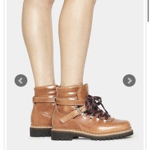 Tabitha Simmons Tan Leather Hiking-Style Ankle Boots with Purple Laces